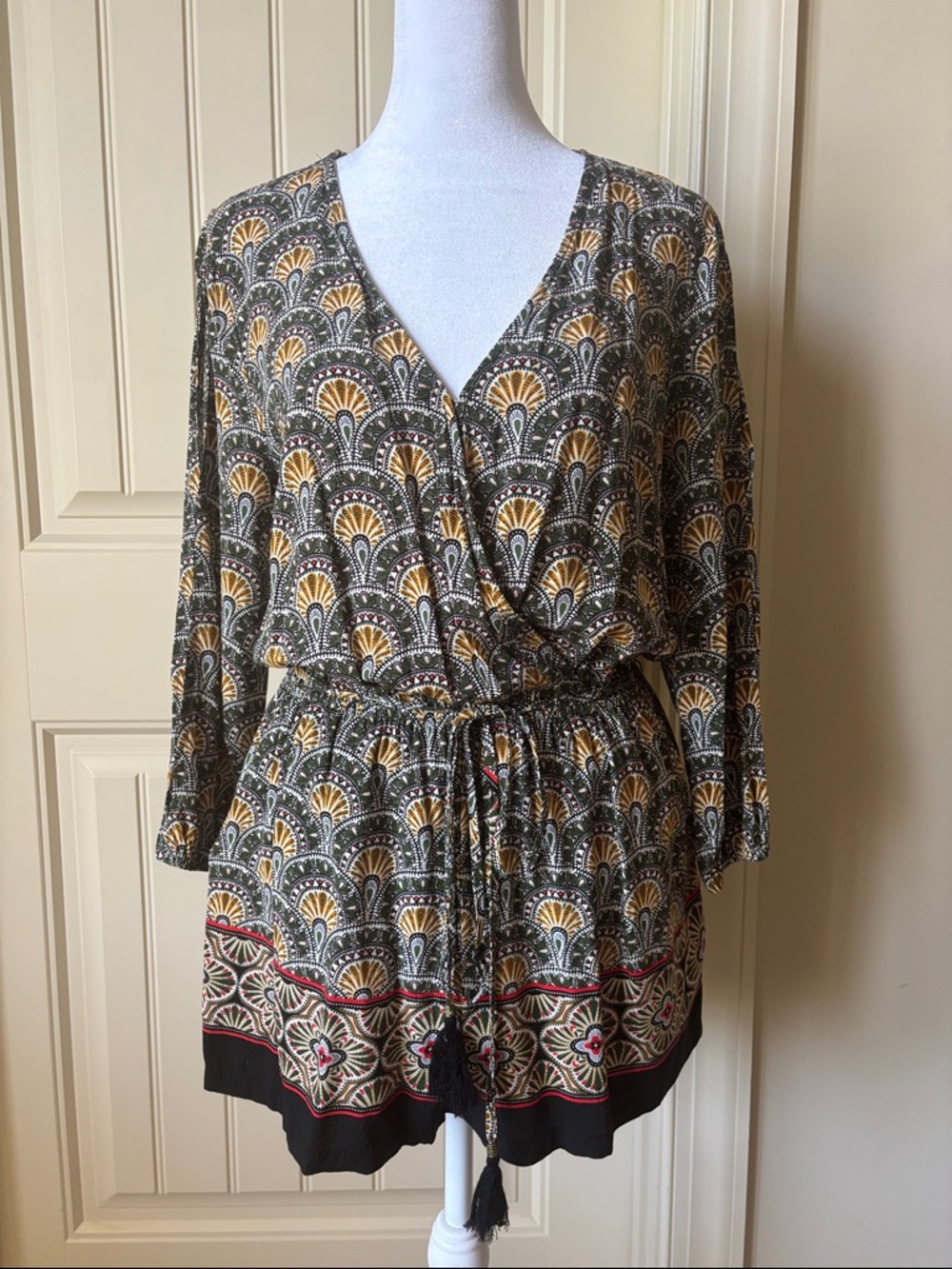 DR2 Olive and Mustard Printed V-Neck Tie-Waist Romper